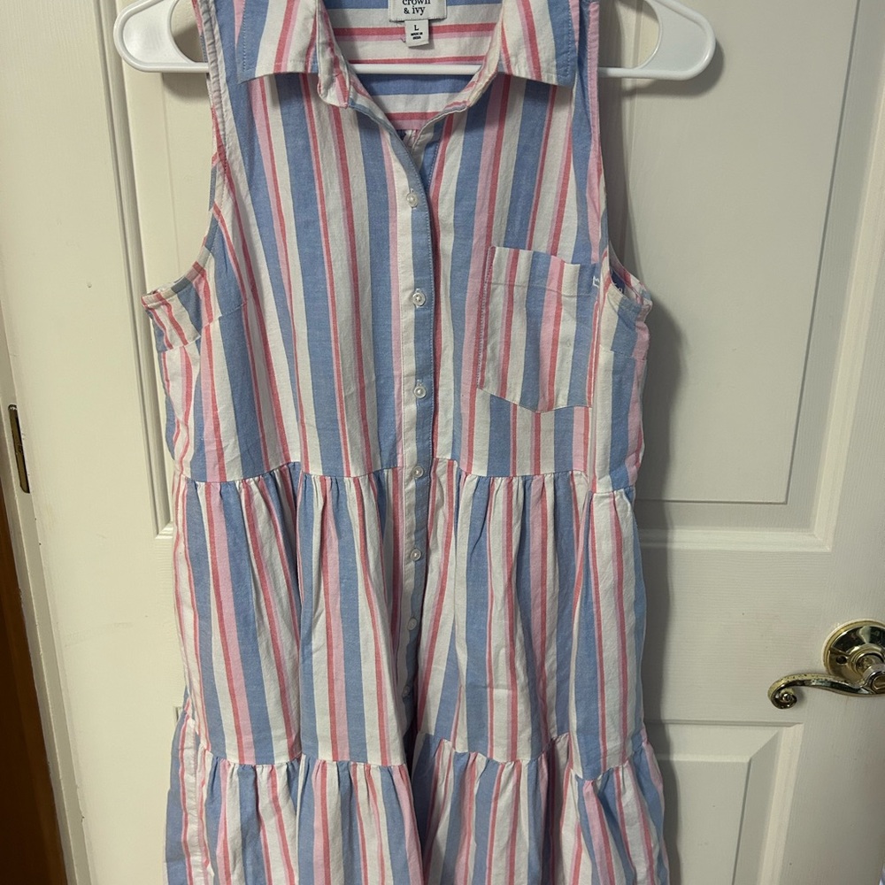crown & ivy Pink White Blue Striped Sleeveless Button Dress
